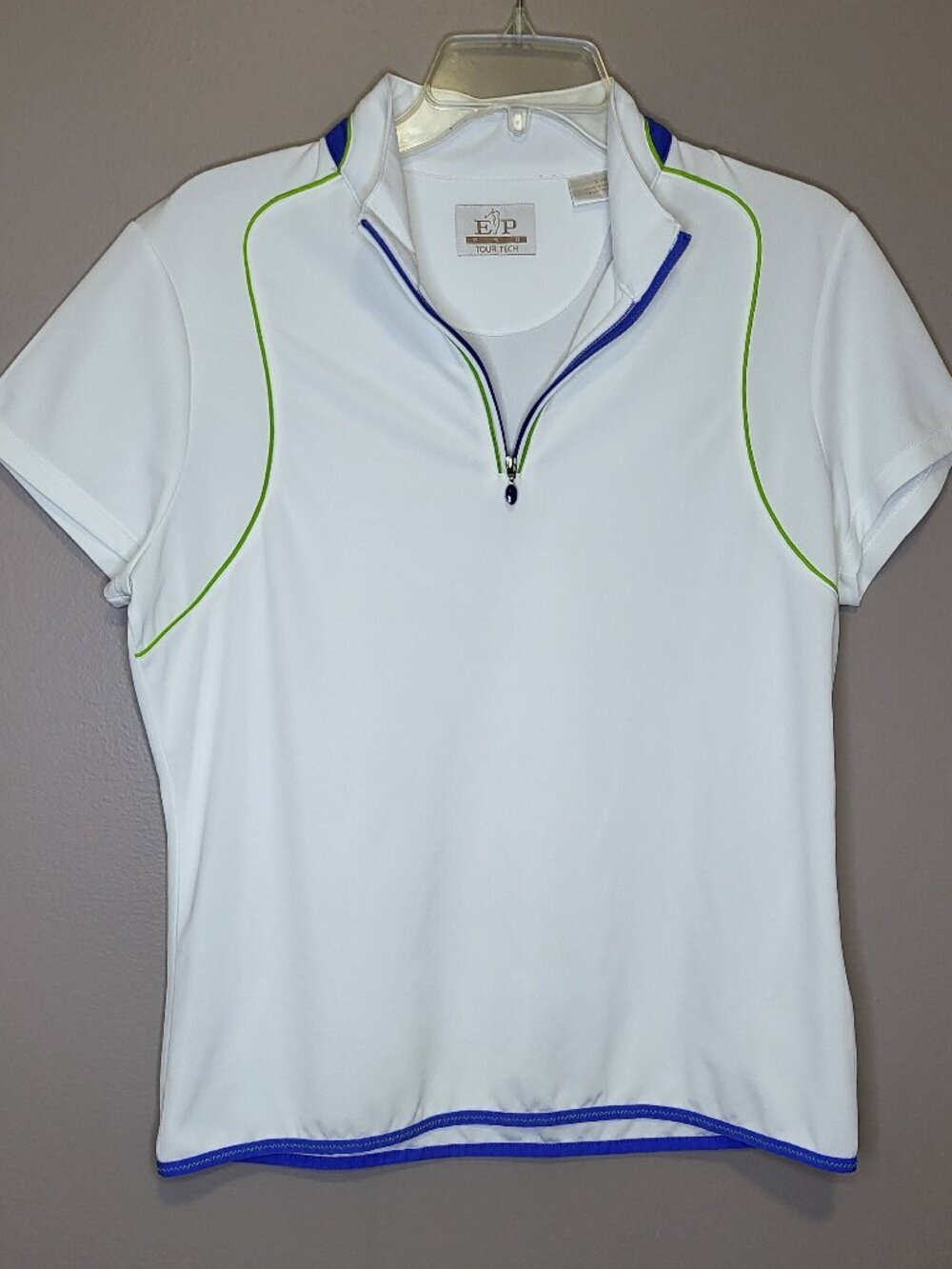 EP Pro Tour Tech White 1/4 Zip Golf Shirt Womens LG Blue Green Trim Short Sleeve